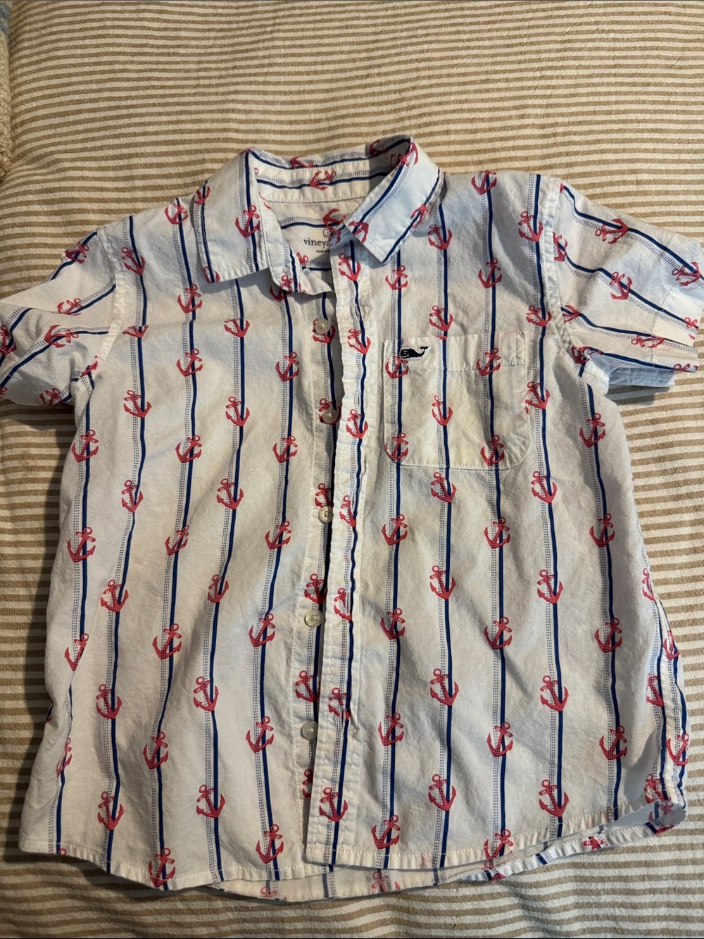 Vineyard Vines White Button-Down Shirt with Blue Stripes and Red Anchors